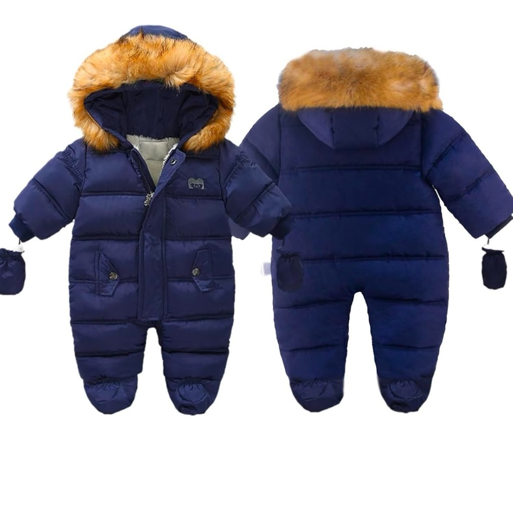 Navy Blue Baby Snowsuit with Faux Fur Trim